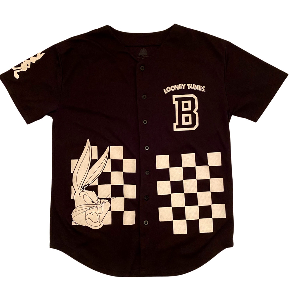 WB Looney Tunes Bugs Bunny Varsity Jersey Button Down Black/White Checkerboard M